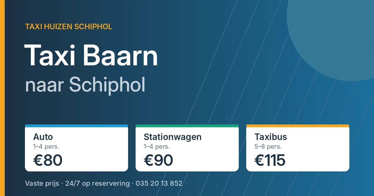 Taxi Baarn naar Schiphol: auto €80, stationwagen €90, taxibus €115