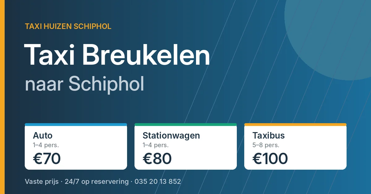 Taxi Breukelen naar Schiphol: auto €70, stationwagen €80, taxibus €100