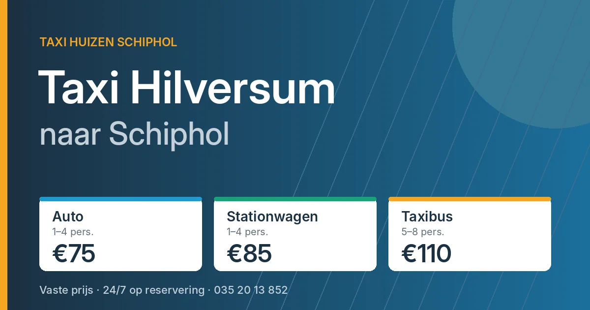 Taxi Hilversum naar Schiphol: auto €75, stationwagen €85, taxibus €110