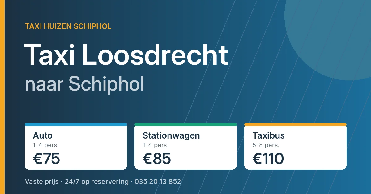 Taxi Loosdrecht naar Schiphol: auto €75, stationwagen €85, taxibus €110