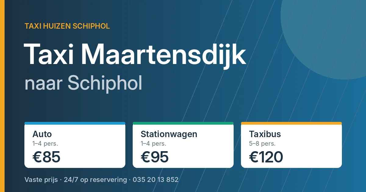 Taxi Maartensdijk naar Schiphol: auto €85, stationwagen €95, taxibus €120