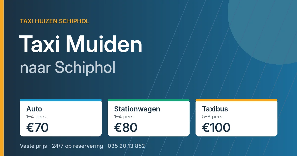 Taxi Muiden naar Schiphol: auto €70, stationwagen €80, taxibus €100