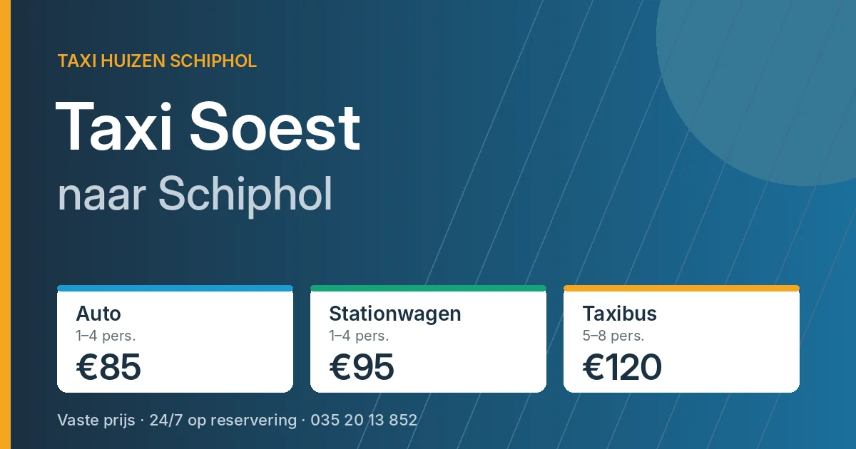 Taxi Soest naar Schiphol: auto €85, stationwagen €95, taxibus €120
